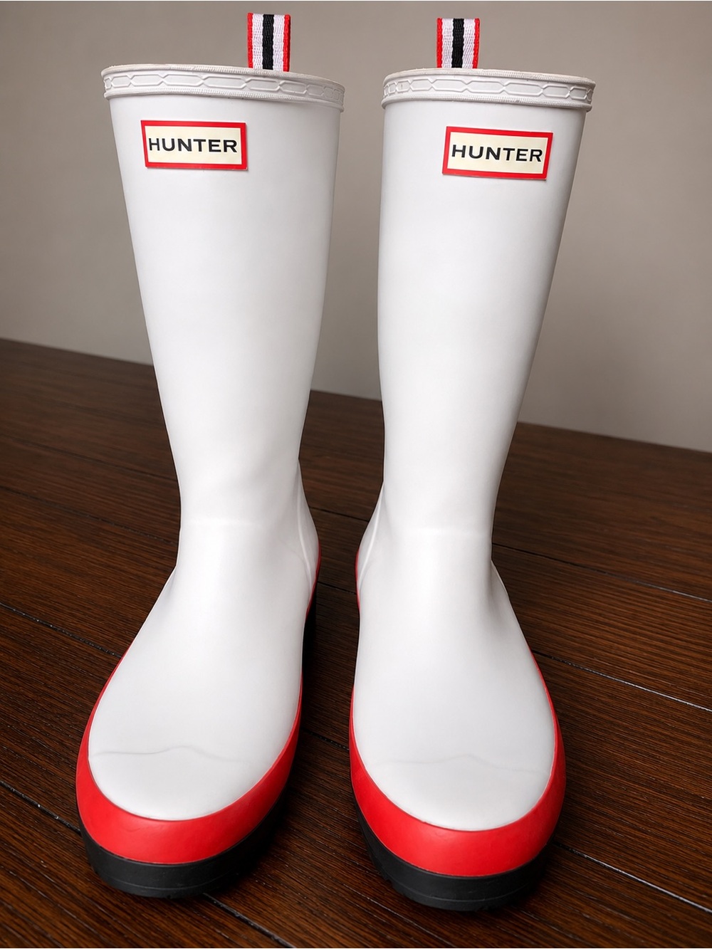Hunter White Rain Boots with Red Trim